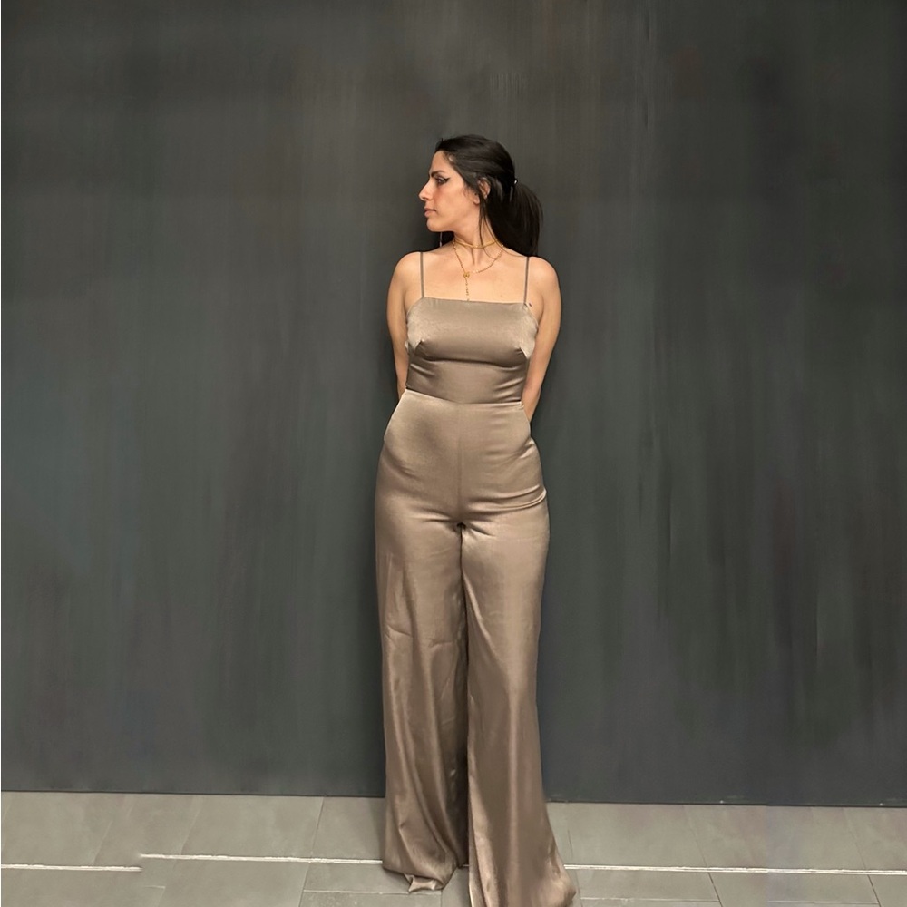 Satin taupe maxi open back jumpsuit with square neckline